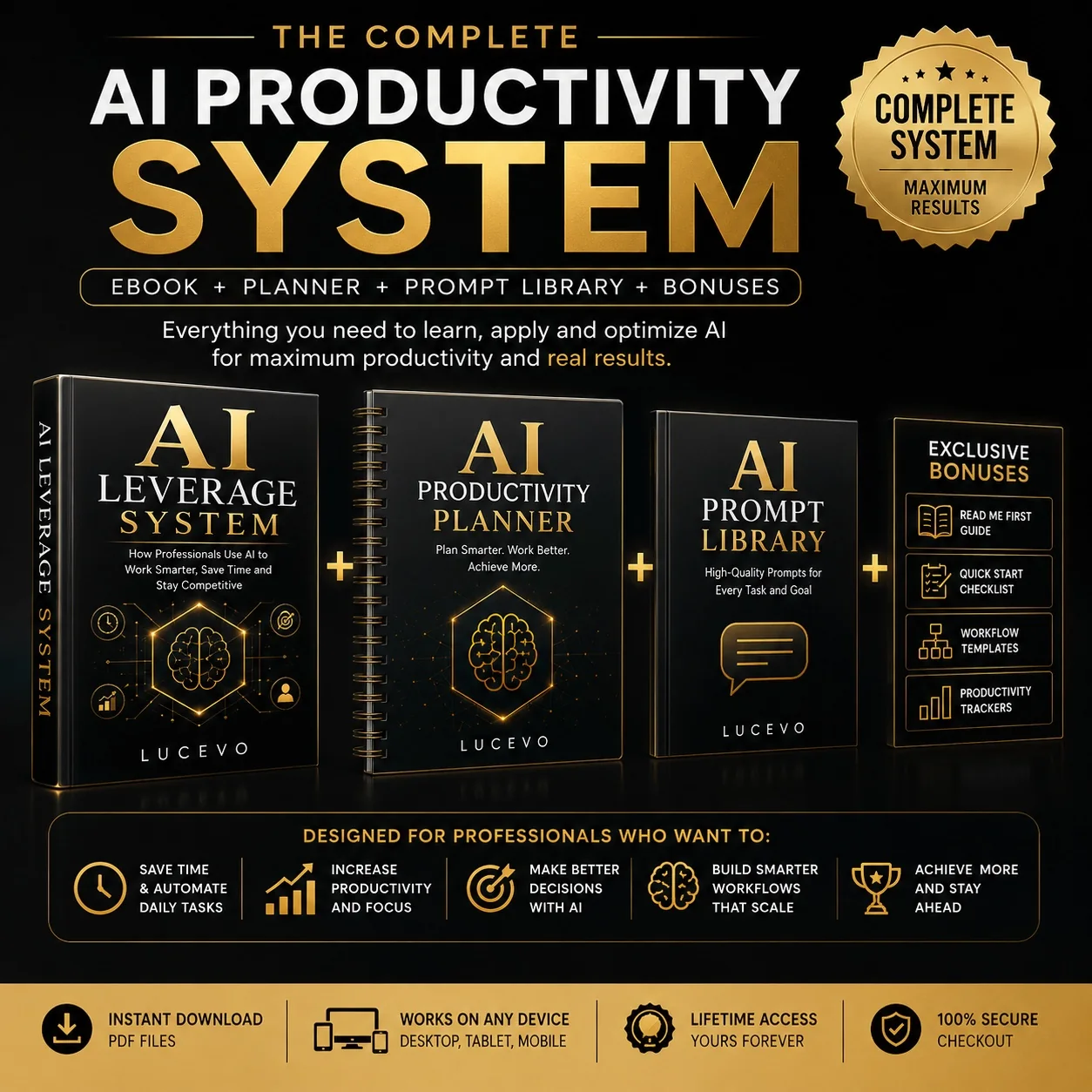Complete AI Productivity System black and gold product visual