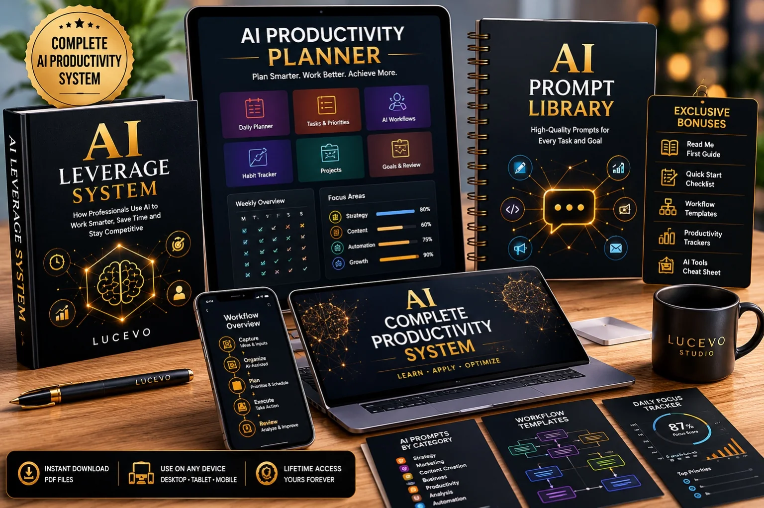 Complete AI Productivity System bundle on a desk